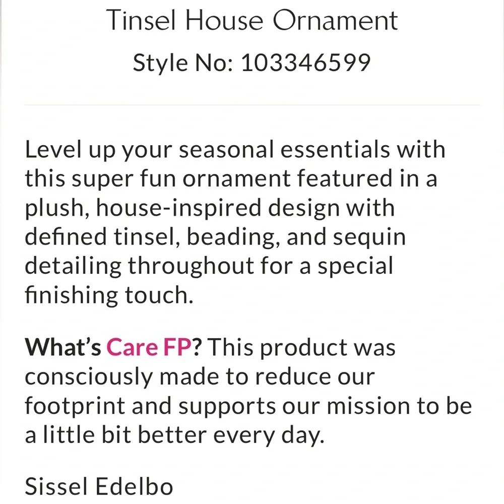 FREE PEOPLE➕SISSEL EDELBO Tinsel House Ornament NWT